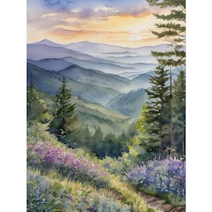 Smoky Mountains Painting – Spring Wildflowers Watercolor Art Print, Appalachian Landscape Poster, Mountain Forest Wall Art Decor imagem 1