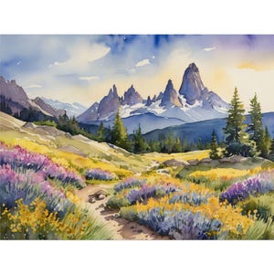 Three Sisters Mountains Watercolor Painting, Oregon Landscape Art Print, Mountain Valley & Pine Trees Wall Decor, Wildflower Hills Artwork