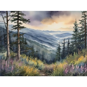 Blue Ridge Mountains Watercolor Art Print – North Carolina Landscape, Wildflowers Painting, Appalachian Highlands Wall Decor