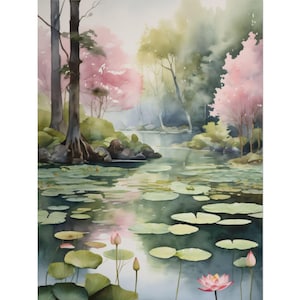 Lotus Flower Watercolor Art Print, Pink Floral Lake Landscape Painting, Forest Swamp Wall Art, Botanical Nature Poster, Green Home Decor