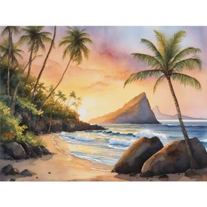 Maui Hawaii Watercolor Art Print, Tropical Beach Wall Decor, Hawaiian Seascape Painting, Palm Tree Landscape Poster, Coastal Sunset Print