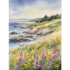 Cape Cod Watercolor Painting – Beach Scene Art Print, Coastal Seaside Wall Decor, Wildflower Ocean Landscape Art, Beach House Artwork