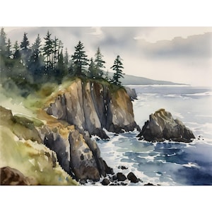 May include: A watercolor painting of a rocky coastline with a forest of dark green trees on the cliffside. The ocean is a deep blue with white foamy waves crashing against the rocks.