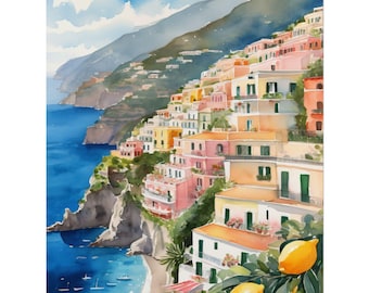 Positano Watercolor Art Print – Amalfi Coast Landscape, Italy Travel Poster, Lemon Tree Painting, Mediterranean Wall Decor