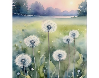 Dandelion Meadow Watercolor Painting, Wildflowers Landscape Wall Art, Misty Countryside Field Print, Rustic Farmhouse Decor, Gift