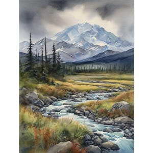 Denali National Park Watercolor Painting – Alaska Mountain Art Print, Travel Poster, Denali Landscape Wall Art, USA National Park Decor