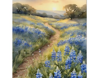 Texas Bluebonnet Watercolor Art Print – Hill Country Wildflowers Painting, Texas Landscape Wall Art, Rustic Nature Decor