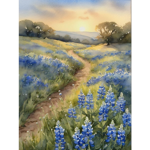 Texas Bluebonnet Watercolor Art Print – Hill Country Wildflowers Painting, Texas Landscape Wall Art, Rustic Nature Decor