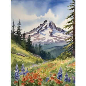 Mount Hood Watercolor Art Print – Oregon Mountain Landscape Painting, Pine Poster, Wildflower Nature Wall Art, Pacific Northwest Decor