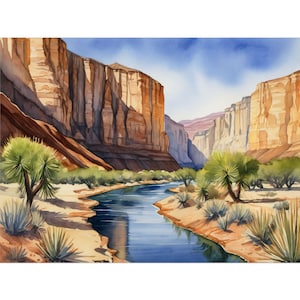 May include: A watercolor painting of a canyon with a river flowing through it. The canyon walls are a warm brown color and the river is a deep blue. There are green bushes and trees along the riverbank.