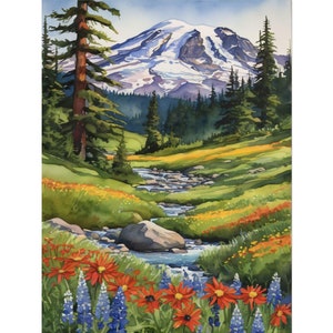 Mount Rainier Watercolor Art Print – National Park Landscape, River Mountain Painting, Washington Wall Pine Decor, Wildflower Travel Poster