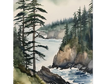 Pacific Mist Watercolor Art Print, Oregon Coast Landscape Painting, Ocean Mist Foggy Forest Artwork, Pacific Northwest Wall Art Decor, PNW