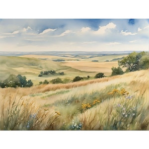 Kansas Flint Hills Wall Art Print, Wildflower Landscape Painting, Tallgrass Prairie Travel Poster, Farmland Decor, Midwest Country Gift