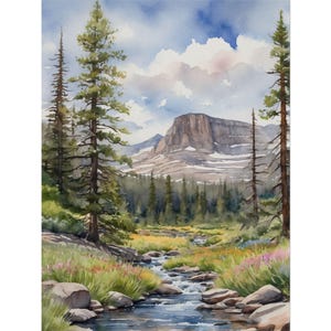 May include: A watercolor painting of a mountain landscape with a stream flowing through a meadow. The stream is surrounded by green grass and wildflowers. In the background, a tall mountain peak rises above the trees. The sky is blue with white clouds.