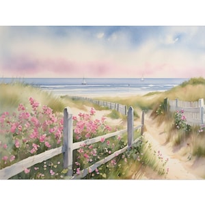 May include: A watercolour painting depicting a path leading to the beach. The path is bordered by a white picket fence and pink flowers. The ocean can be seen in the background with two sailboats.