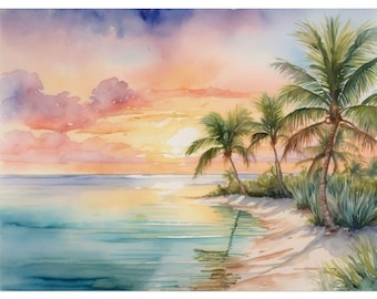 Florida Key West Art, Palm Tree Watercolor Painting, Sunset Tropical Wall Decor, Florida Landscape Print,  Beach Vacation Decor
