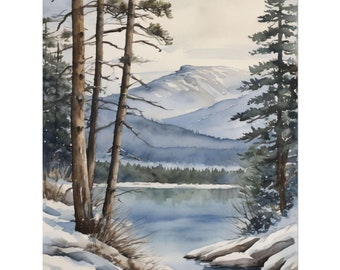Winter Lake Painting – Snowy Pine Trees & Mountain Landscape Watercolor Art Print, Frozen Lake Scene, Winter Wall Decor, Holiday Poster