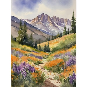 Wasatch Mountains Watercolor Art Print – Utah Landscape Painting, Wildflowers & Pine Forest, Hiking Travel Poster, Nature Wall Decor