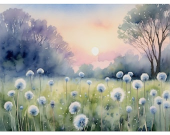 Dandelion Meadow Watercolor Painting, Wildflowers Landscape Wall Art, Misty Countryside Field Print, Rustic Farmhouse Decor, Gift