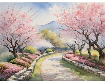 Impresión artística en acuarela de cerezos en flor de Kioto: pintura de paisaje primaveral, árboles florales japoneses, decoración de pared con senderos naturales, póster de viaje a Kioto