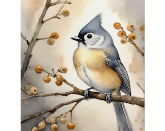 Impresión de acuarela de carbonero copetudo, pintura de aves, arte mural, carbonero en agridulce, obra de arte de aves, decoración de pared natural, arte rústico de aves
