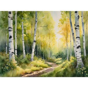 Peut inclure: Une peinture à l'aquarelle d'un chemin à travers une forêt de bouleaux. Les arbres sont blancs avec des marques noires et les feuilles sont vertes et jaunes. Le chemin est en terre et mène à la forêt.