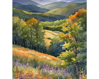 May include: A watercolor painting of a mountain landscape with a field of wildflowers in the foreground. The mountains are in the background and are painted in shades of blue and green. The wildflowers are painted in shades of purple, orange, and yellow.