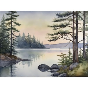 May include: A watercolour painting depicting a tranquil lake scene with a small island in the distance. The lake is still and the water reflects the sky. Trees line both sides of the lake, and the sky is a soft blue with hints of pink and orange.
