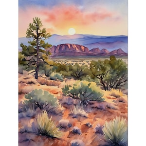 New Mexico Mountains Watercolor Painting, Sunset Landscape Wall Art, Albuquerque New Mexico Art Print, Mountain Giclée Poster