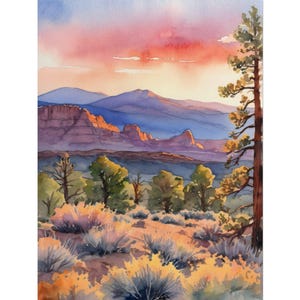 New Mexico Mountains Watercolor Painting, Sunset Landscape Wall Art, Albuquerque New Mexico Art Print, Mountain Giclée Poster