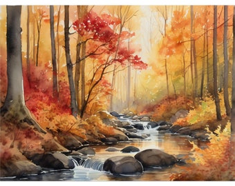 Watercolor Fall River Art Print, Cozy Autumn Painting, Rustic Forest Landscape Poster, Autumn Tree Wall Decor, Fall Home Decor