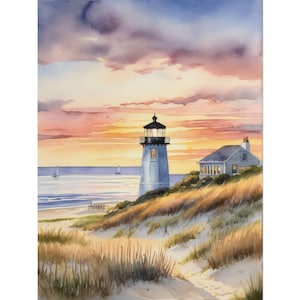 Cape Cod Watercolor Painting – Coastal Lighthouse Art Print, Ocean Path Landscape, Beach House Wall Decor, Seaside Wildflowers Artwork