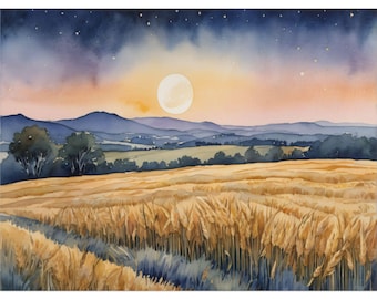 May include: Watercolor painting of a wheat field at sunset. The sky transitions from a starry night to a warm orange glow around a full moon. Rolling hills and trees are in the background.