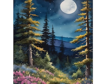 Moonlit Wildflowers & Woodland Art Print – Enchanted Night Sky Painting, Mystical Nature Landscape, Full Moon Forest Wall Art Decor