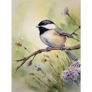 Chickadee Painting, Bird Watercolor Art Print, Minimalist Wall Art, Bird on Branch Artwork, Neutral Spring Wall Decor, Bird Lover Gift