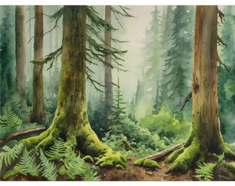 Oregon Watercolor Foggy Pine Forest Print – Misty Woodland Landscape Painting, Evergreen Pine Trees Poster, Nature Wall Art Decor
