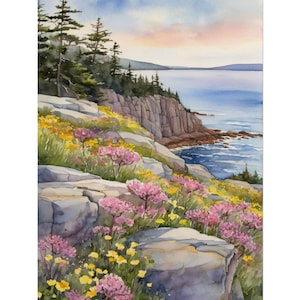 Acadia National Park Watercolor Art Print – Maine Coastal Landscape, Otter Cliff Painting, Bar Harbor Wall Art, Nature Wildflowers Poster