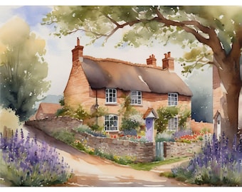 English Cottage Watercolor Art Print, Country House Decor, Vintage Cottagecore Painting, Farmhouse Wildflowers Art, Rural England Home Print