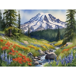 Mount Rainier Watercolor Art Print – National Park Landscape, River Mountain Painting, Washington Wall Decor, Wildflower Travel Poster,