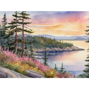 Acadia National Park Watercolor Art Print – Maine Coastal Landscape, Otter Cliff Painting, Bar Harbor Wall Art, Nature Wildflowers Poster