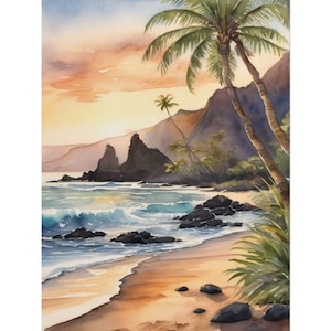 Maui Hawaii Watercolor Art Print, Tropical Beach Wall Decor, Hawaiian Seascape Painting, Palm Tree Landscape Poster, Coastal Sunset Print
