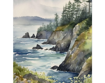 Pacific Mist Watercolor Art Print, Oregon Coast Landscape Painting, Ocean Mist Foggy Forest Artwork, Pacific Northwest Wall Art Decor, PNW