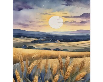 May include: Watercolor painting of a wheat field at sunset. The sky transitions from dark blue to yellow, with a large sun and clouds. The foreground features golden wheat stalks, and the background shows rolling hills.