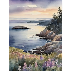 Acadia National Park Watercolor Art Print – Maine Coastal Landscape, Otter Cliff Painting, Bar Harbor Wall Art, Nature Wildflowers Poster