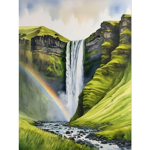 Iceland Watercolor Art Print – Skogafoss Waterfall Painting, Icelandic Landscape, Iceland Painting, Nordic Wall Art, Scandic Travel Poster