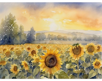 Sunflowers Sunset Painting, Countryside Meadow Watercolor Art Print, Floral Field Wall Art, Sunflower Landscape Print, Summer Garden Decor