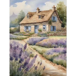 French Cottage Lavender Art Print, Provence Watercolor Painting, French Countryside Field Wall Art, Purple Flower Poster, Farmhouse Decor