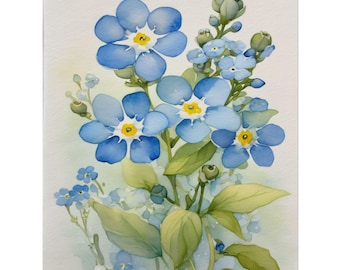 Forget-Me-Not Painting, Blue Wildflowers Watercolor Art Print, Floral Botanical Wall Decor, Light Blue Flower Poster for Bedroom or Nursery