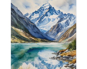 Mount Cook Watercolor Art Print – New Zealand Mountain Landscape Painting, Aoraki Travel Poster, Scenic Wall Art, Nature Lover Gift