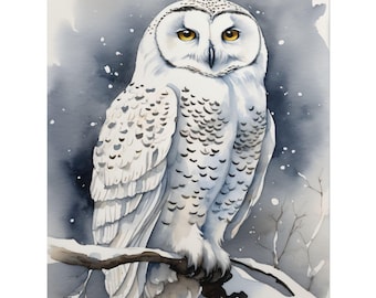 Snowy Owl Watercolor Painting, Winter Bird Art Print, Wild Animal Wall Art, White Owl Poster, Rustic Farmhouse Wall Decor